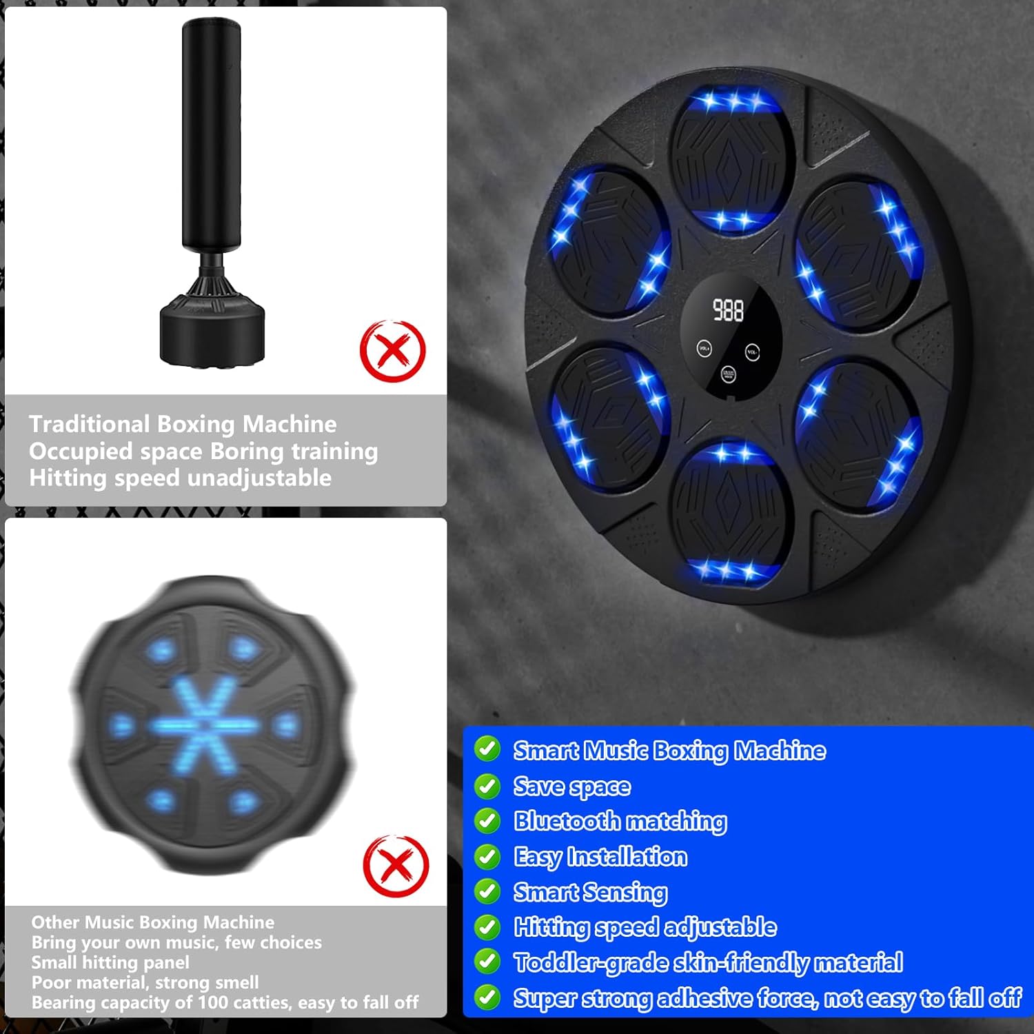 Music Boxing Machine, Smart Musical Boxing Machine with Gloves, Punching Machine Wall Mounted with Led Light & Bluetooth, Music Punch, Boxing Equipment for Kids and Adults (Black A)