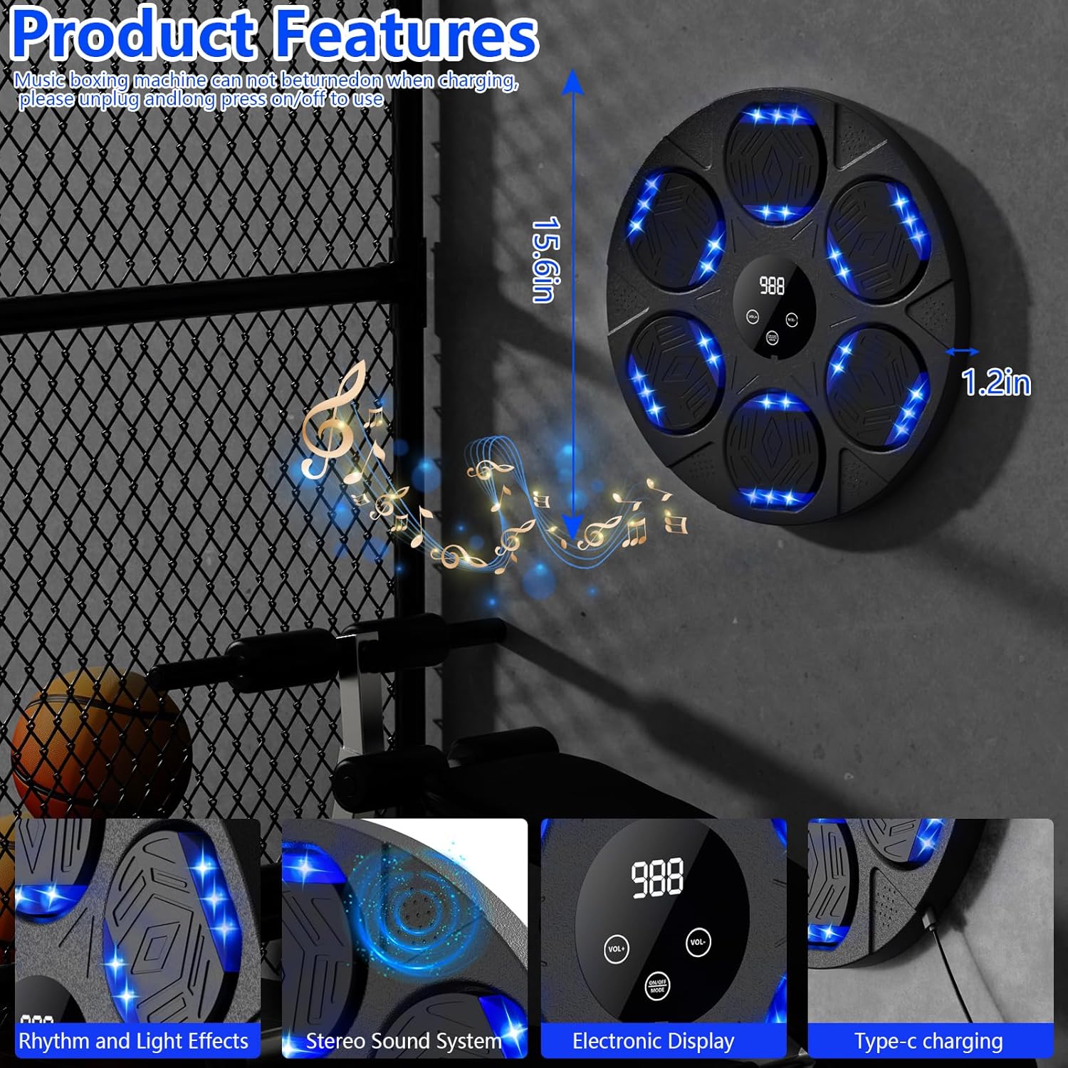 Music Boxing Machine, Smart Musical Boxing Machine with Gloves, Punching Machine Wall Mounted with Led Light & Bluetooth, Music Punch, Boxing Equipment for Kids and Adults (Black A)